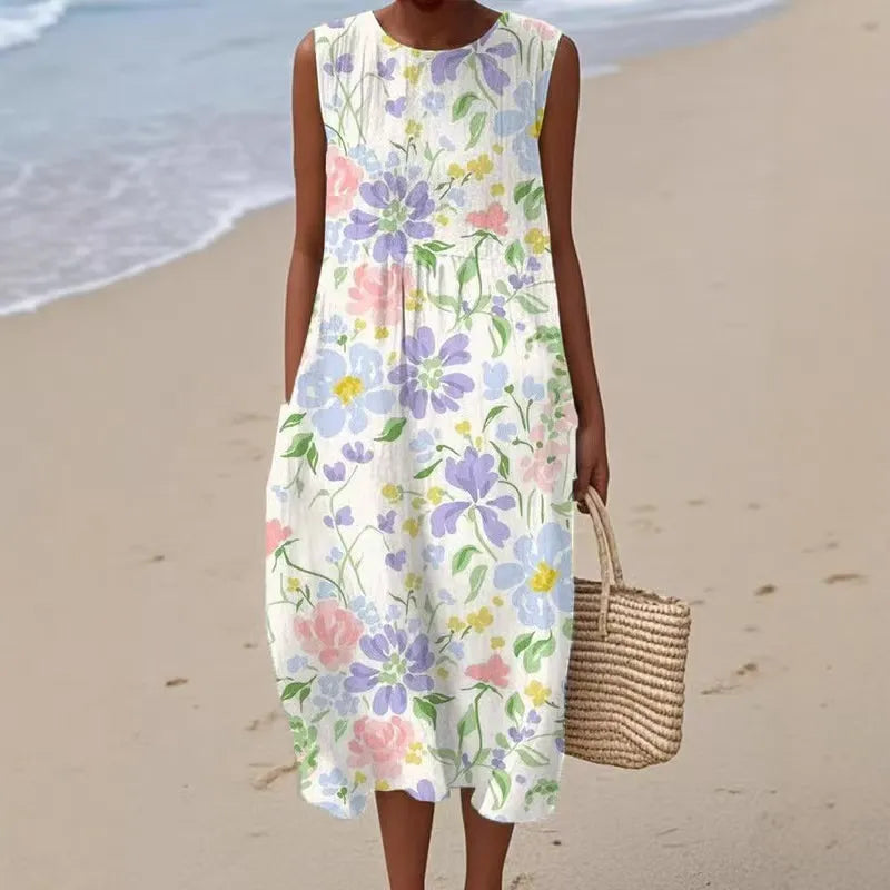 Vestido de verano sin mangas con escote redondo para mujer.-ES