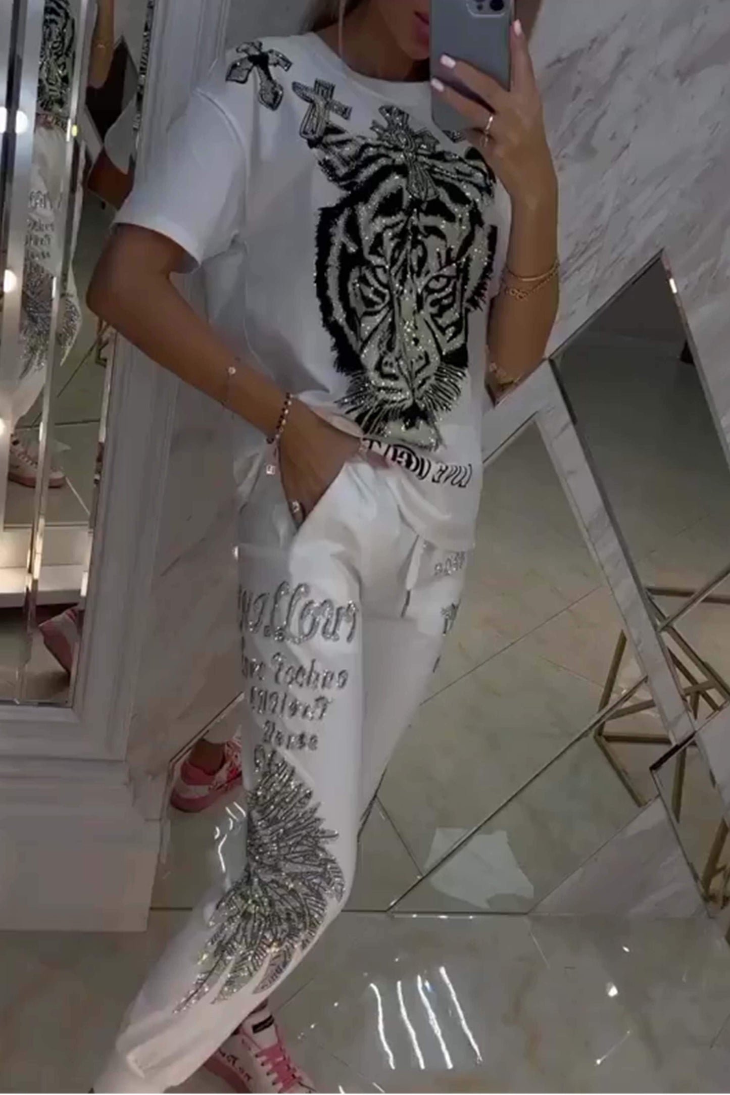 Conjunto de dos piezas para mujer, top y pantalón con estampado de rombos moderno.-ES