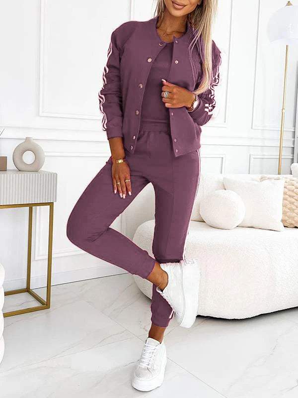 Conjunto de tres piezas de chaqueta y pantalón de béisbol para mujer-ES