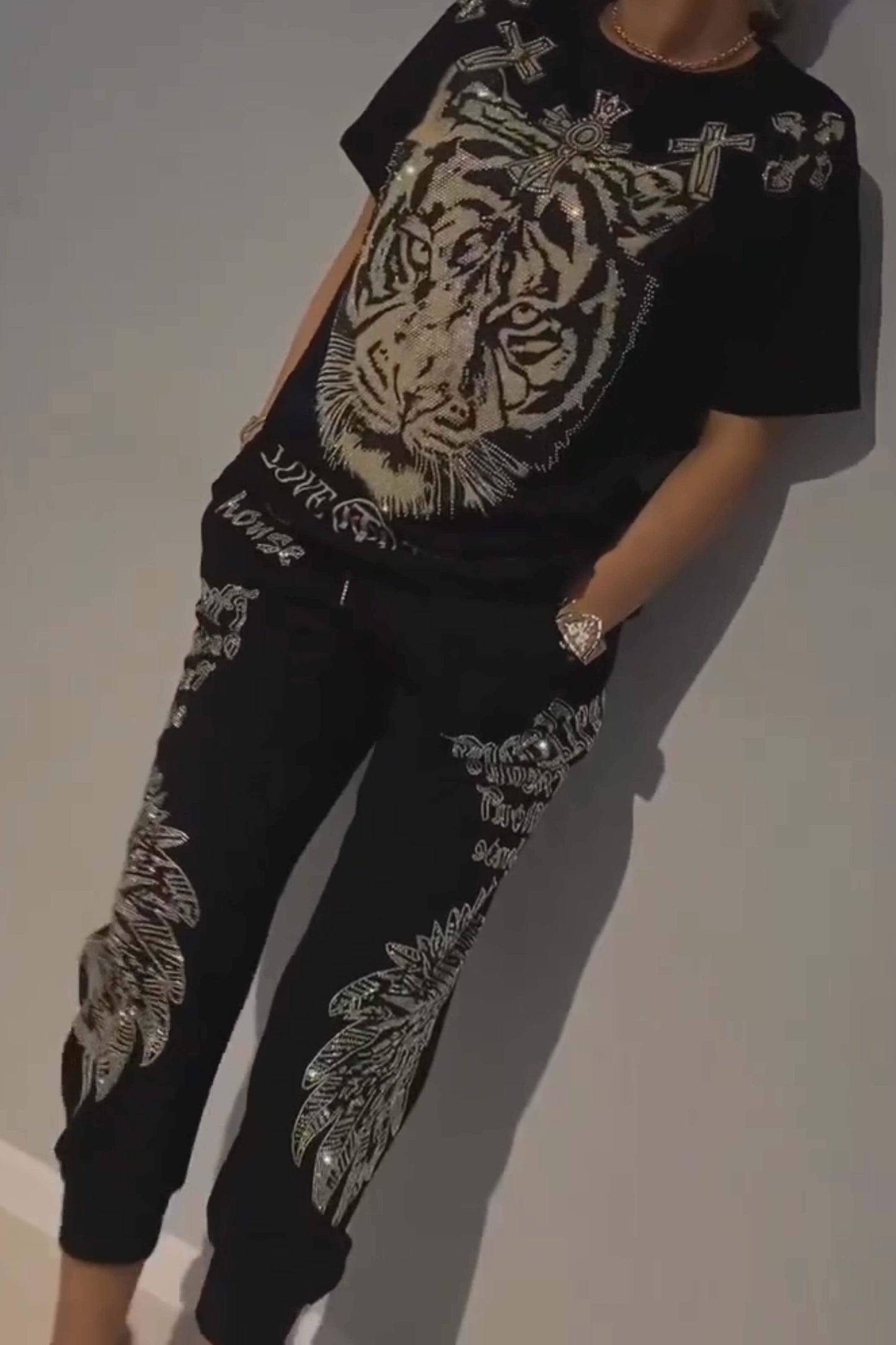Conjunto de dos piezas para mujer, top y pantalón con estampado de rombos moderno.-ES