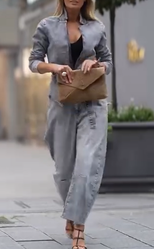 Conjunto casual de abrigo y pantalón de cuello redondo para mujer-ES