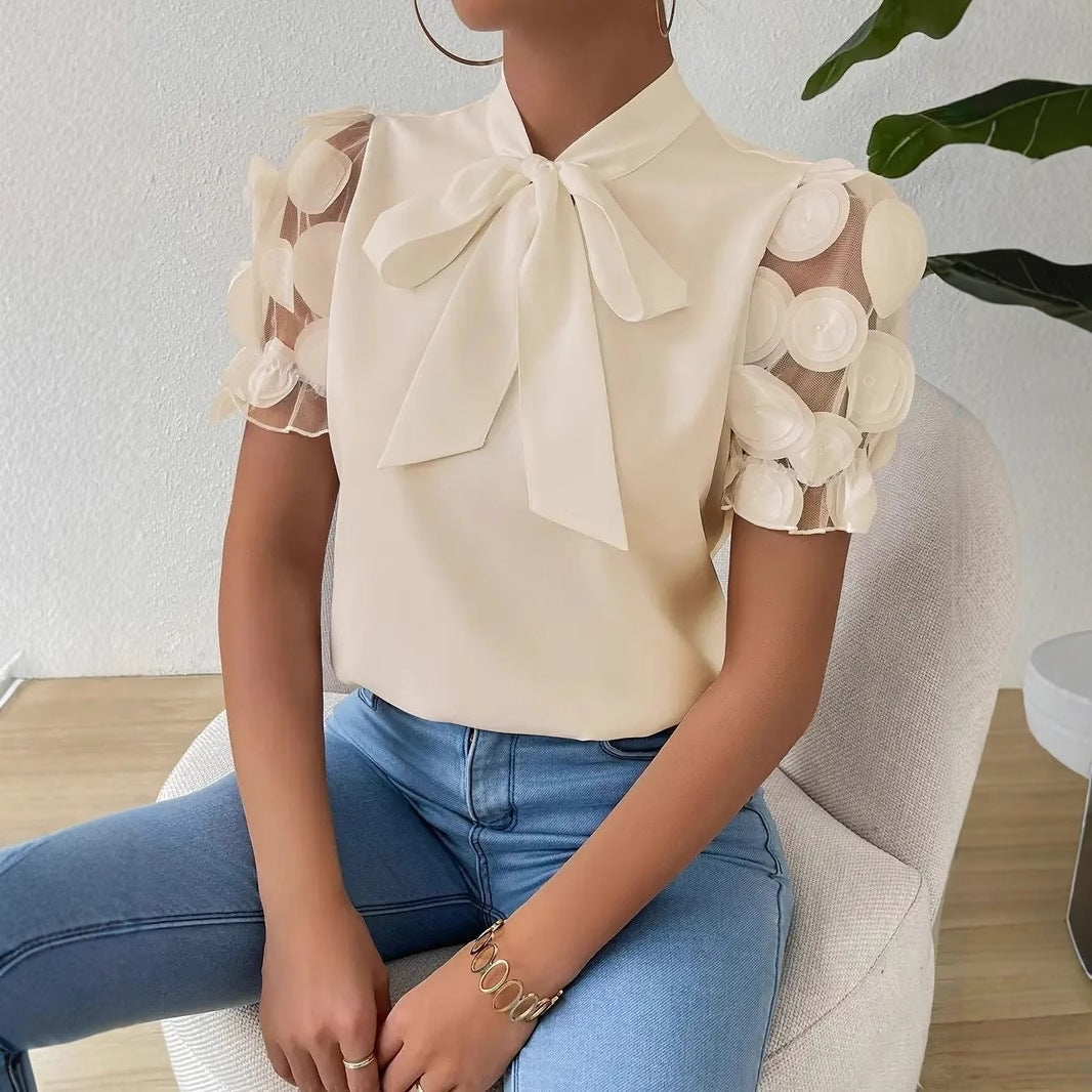 Camisa de verano, lisa, de encaje y con forma de lazo, con mangas cortas.-ES