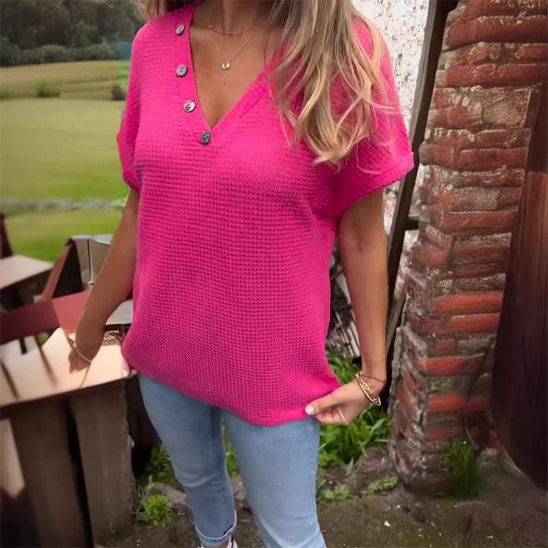 Elegante top de manga corta para mujer con escote en punta.-ES