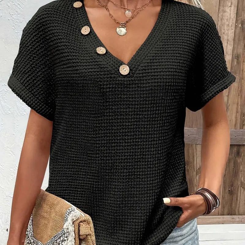 Elegante top de manga corta para mujer con escote en punta.-ES