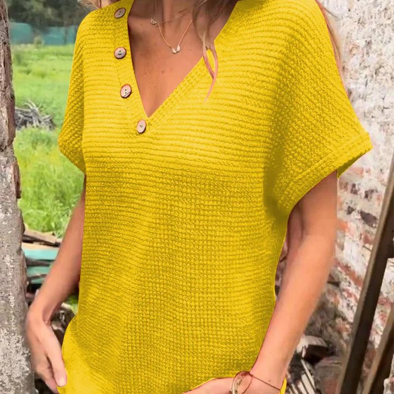 Elegante top de manga corta para mujer con escote en punta.-ES