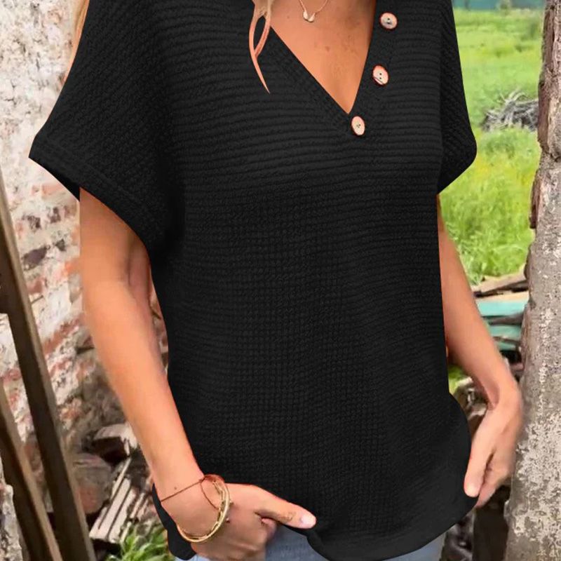 Elegante top de manga corta para mujer con escote en punta.-ES