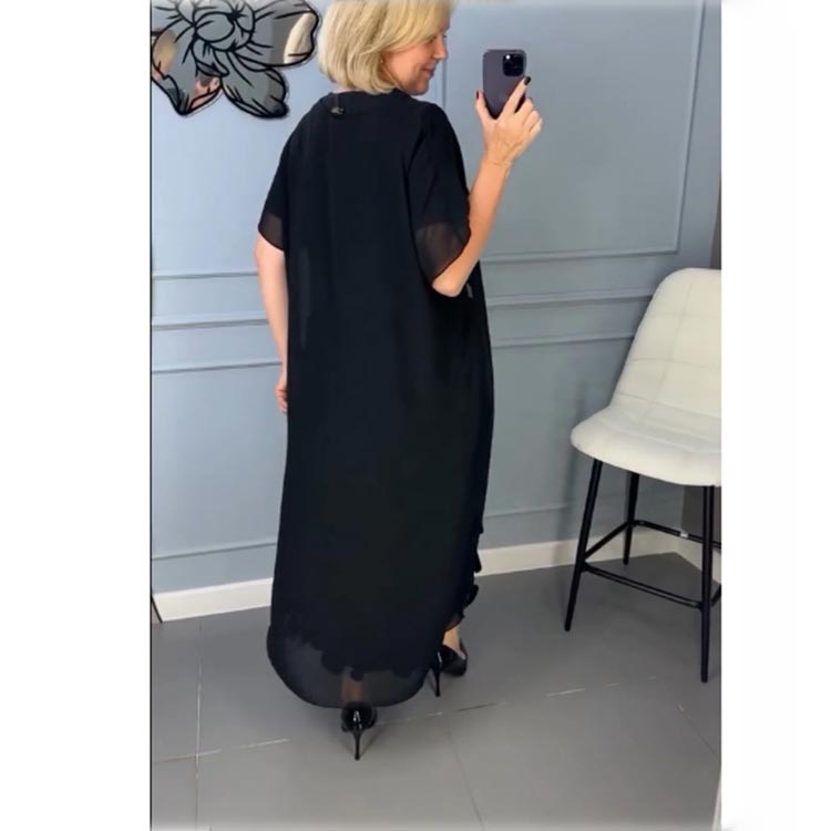 Conjunto de dos piezas de elegante vestido negro con escote en V y chaqueta irregular para mujer-ES