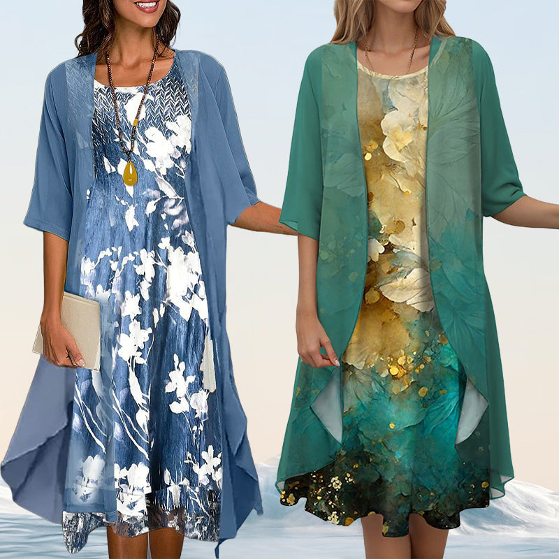 Elegante conjunto de 2 piezas: blusa de media manga + vestido-ES