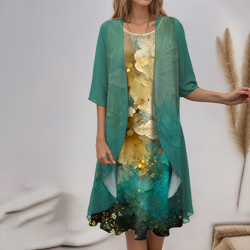 Elegante conjunto de 2 piezas: blusa de media manga + vestido-ES