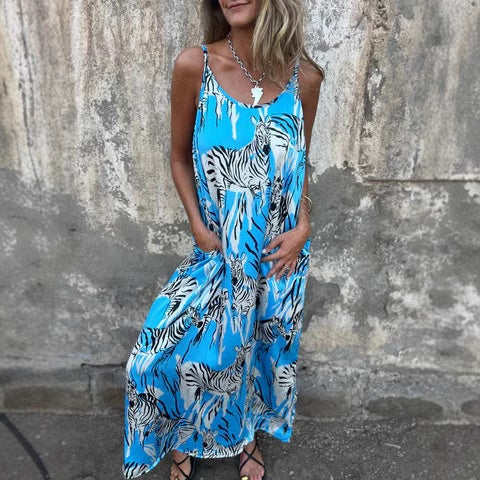 💙Γυναικείο φόρεμα με στάμπα και τιράντες στην πλάτη-GR