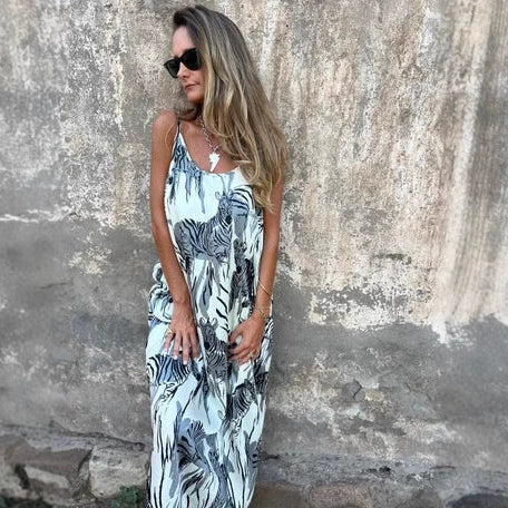 💙Γυναικείο φόρεμα με στάμπα και τιράντες στην πλάτη-GR
