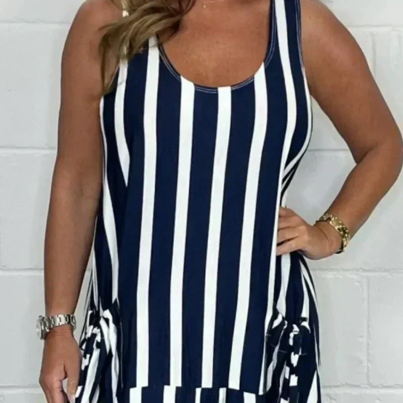 👗Ριγέ φορέματα με τσέπες για μεγάλα μεγέθη, άνοιξη και καλοκαίρι-GR