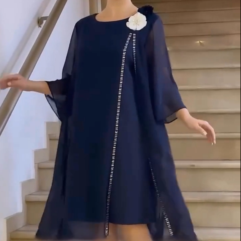 🌸✨【S-4XL】Dámske sieťované šaty s okrúhlym výstrihom a kvetinovým akcentom-SK