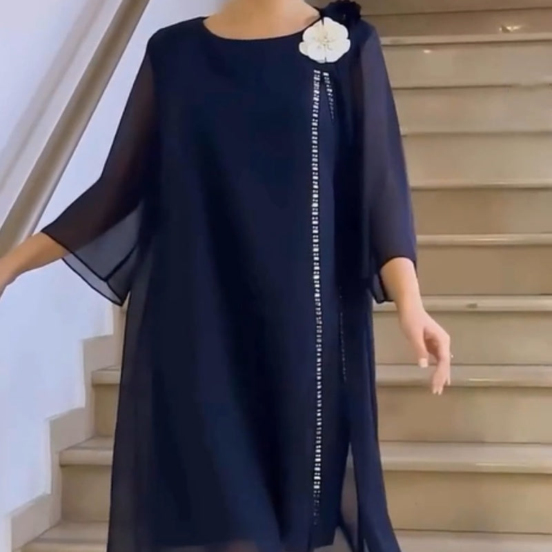 🌸✨【S-4XL】Dámske sieťované šaty s okrúhlym výstrihom a kvetinovým akcentom-SK
