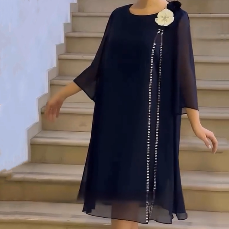 🌸✨【S-4XL】Dámske sieťované šaty s okrúhlym výstrihom a kvetinovým akcentom-SK