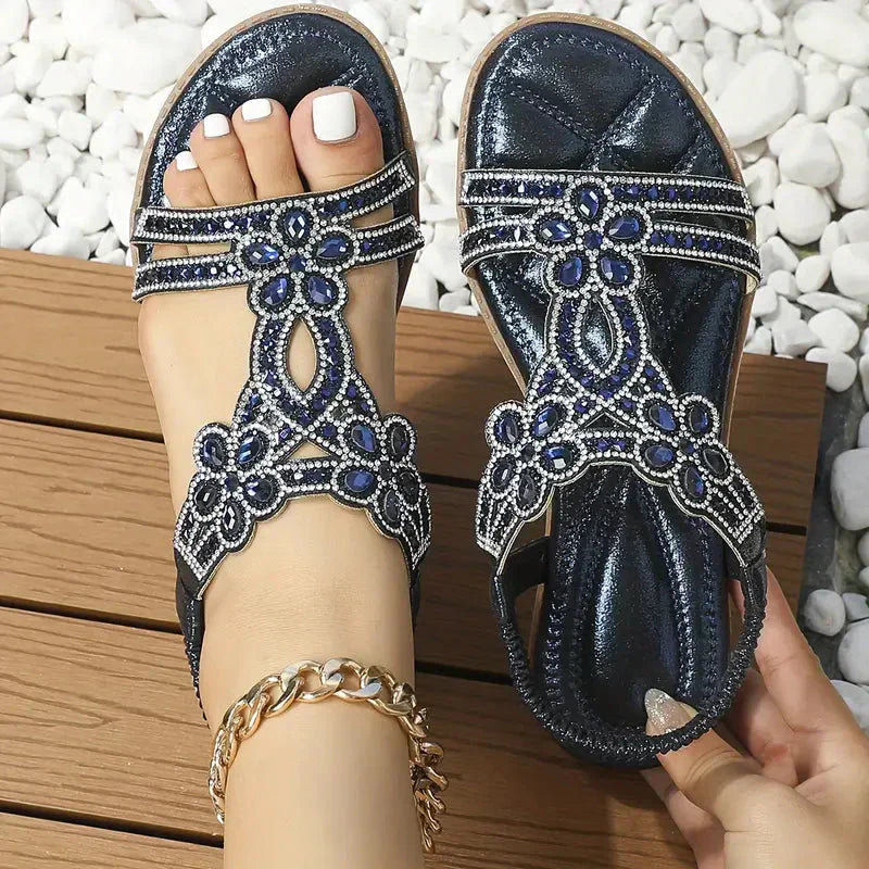 🔥Oferta de verano: elegantes sandalias planas con diamantes de imitación y flores-ES