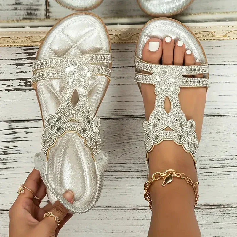 🔥Oferta de verano: elegantes sandalias planas con diamantes de imitación y flores-ES