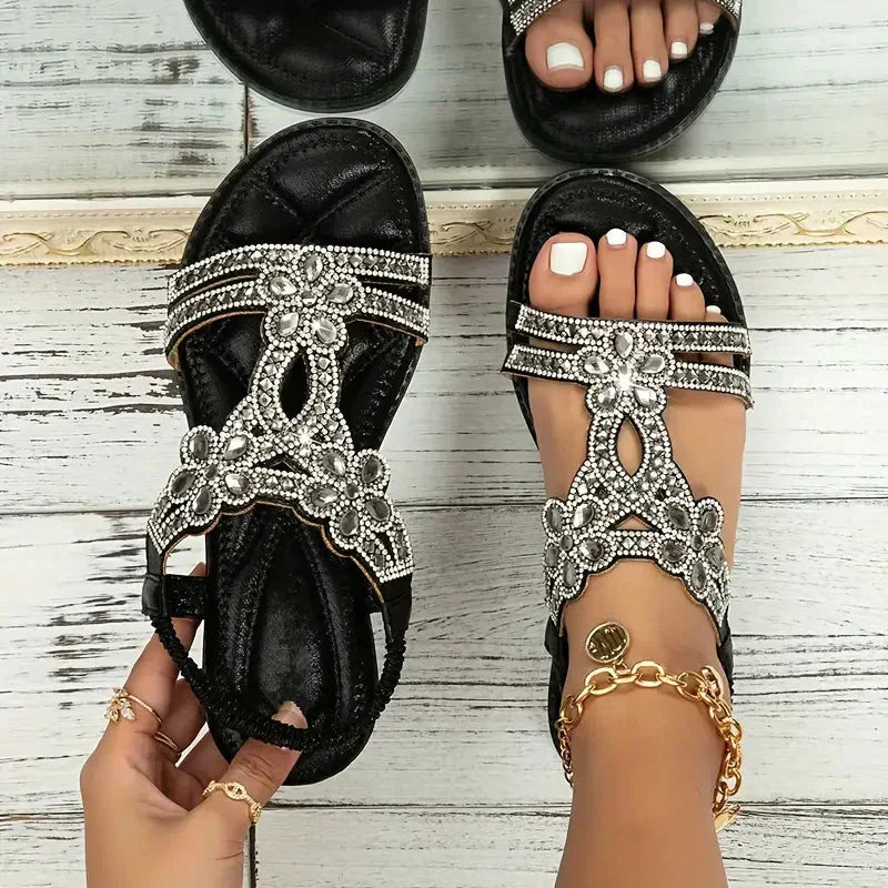 🔥Oferta de verano: elegantes sandalias planas con diamantes de imitación y flores-ES