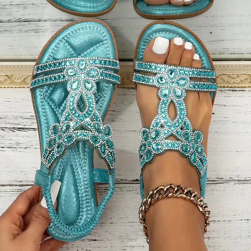 🔥Oferta de verano: elegantes sandalias planas con diamantes de imitación y flores-ES