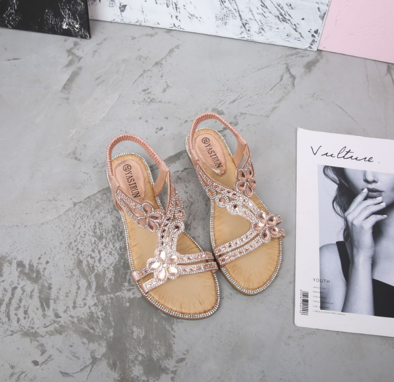 🔥Oferta de verano: elegantes sandalias planas con diamantes de imitación y flores-ES