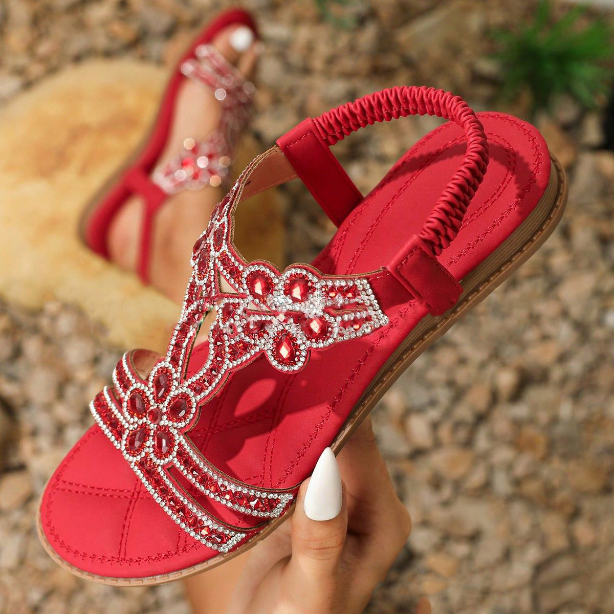 🔥Oferta de verano: elegantes sandalias planas con diamantes de imitación y flores-ES
