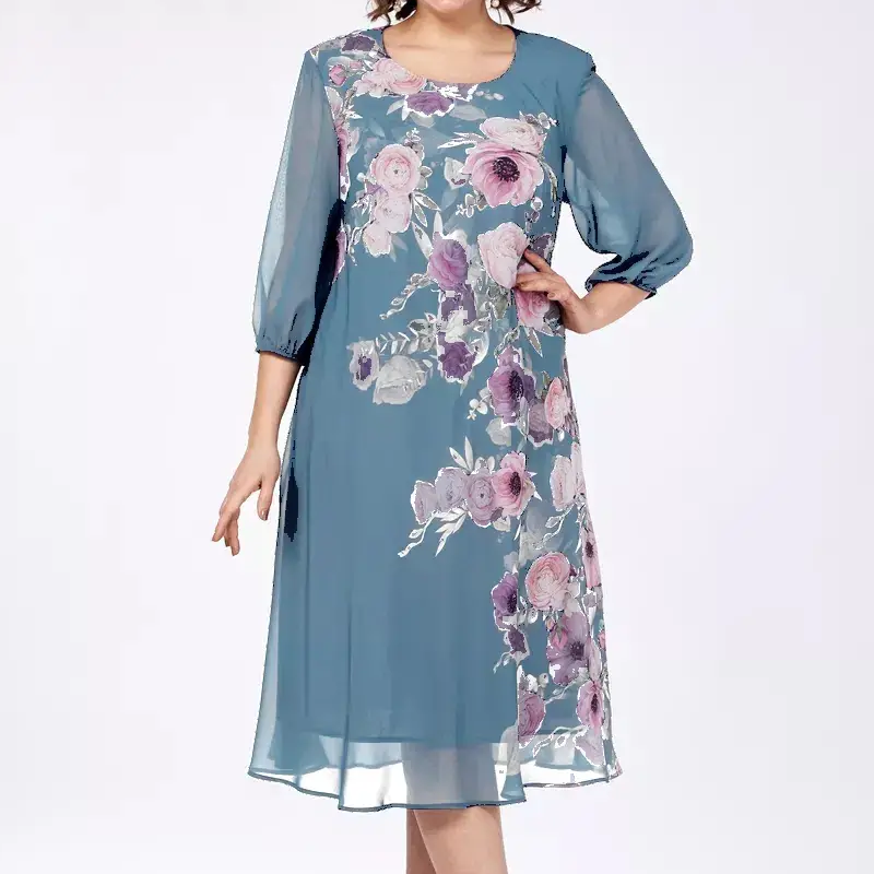Elegante vestido de gasa con estampado floral y escote redondo.-ES
