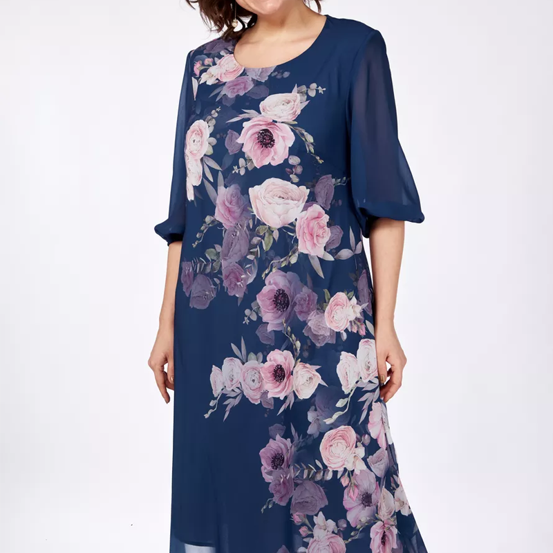 Elegante vestido de gasa con estampado floral y escote redondo.-ES