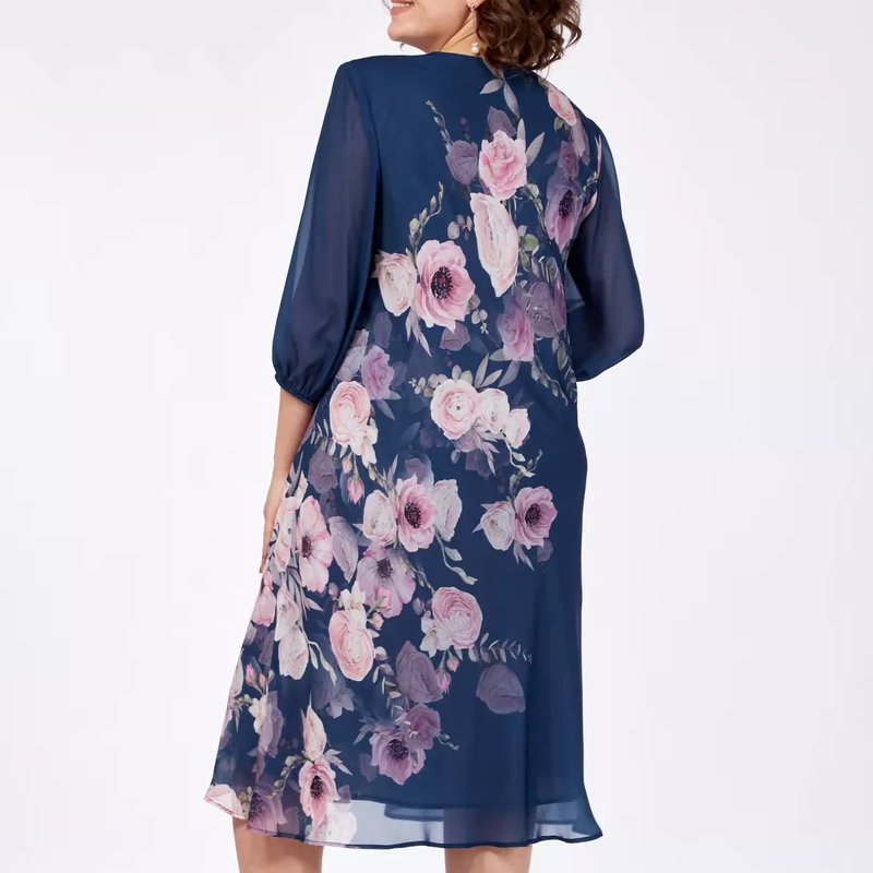 Elegante vestido de gasa con estampado floral y escote redondo.-ES