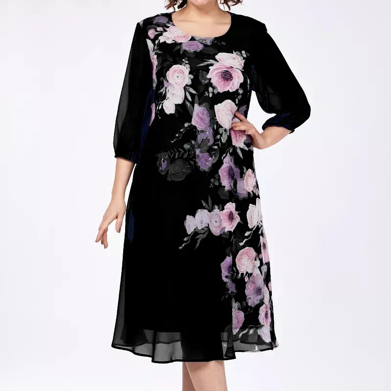 Elegante vestido de gasa con estampado floral y escote redondo.-ES