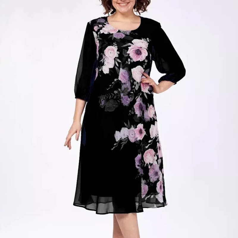 Elegante vestido de gasa con estampado floral y escote redondo.-ES