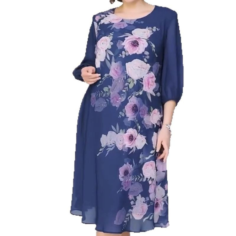 Elegante vestido de gasa con estampado floral y escote redondo.-ES