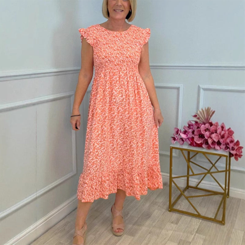 Elegante vestido floral de mujer con cintura alta y volante en la manga.-ES