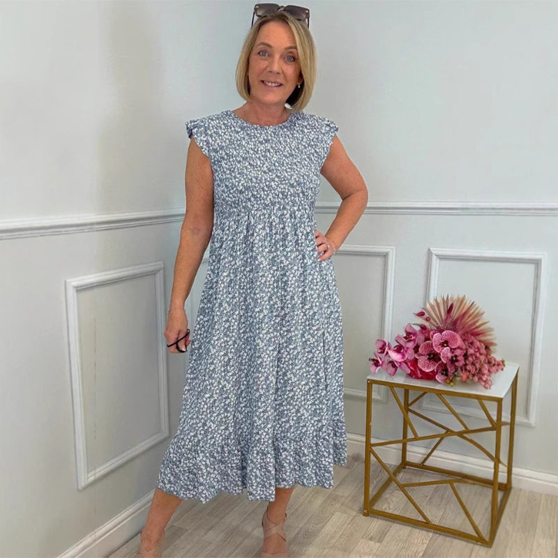 Elegante vestido floral de mujer con cintura alta y volante en la manga.-ES