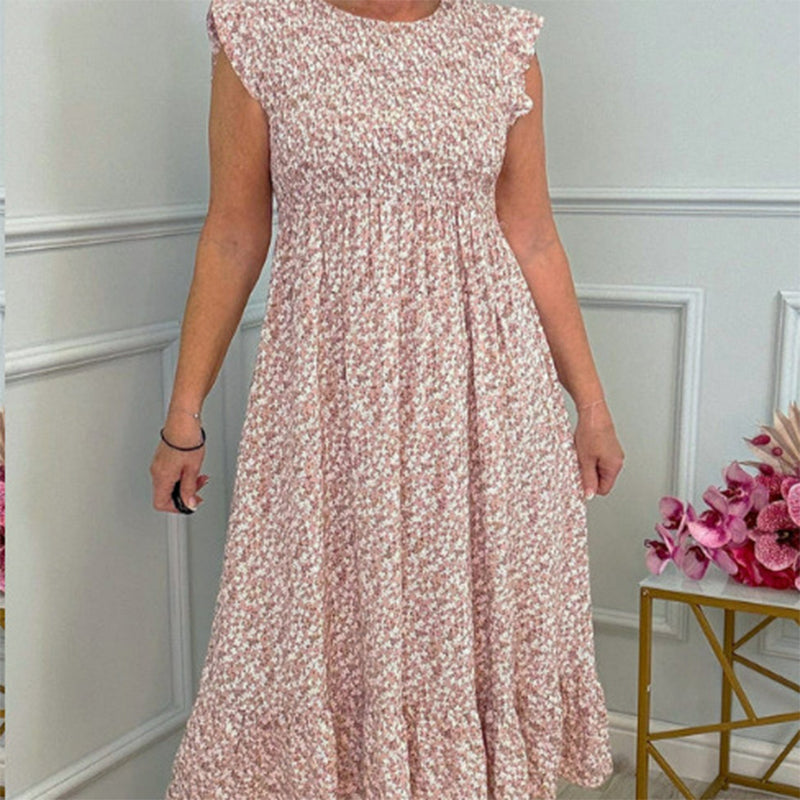 Elegante vestido floral de mujer con cintura alta y volante en la manga.-ES