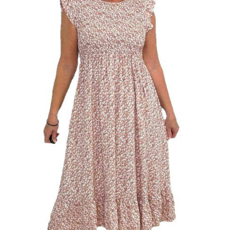 Elegante vestido floral de mujer con cintura alta y volante en la manga.-ES