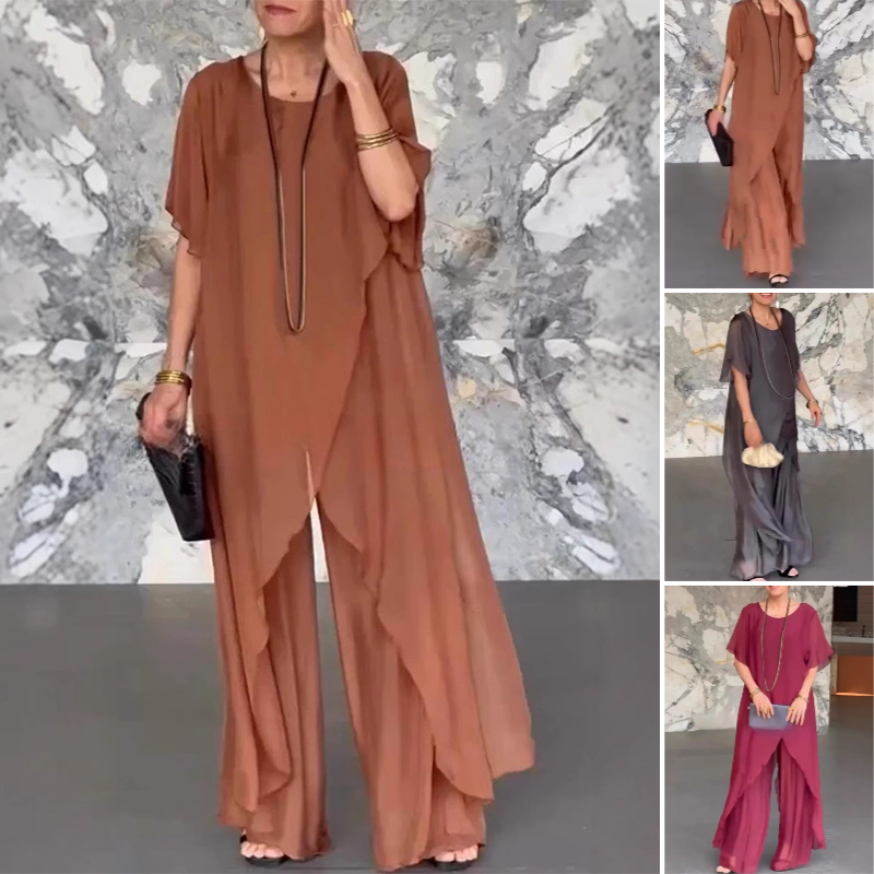 🛍️✨ Ženski komplet, ki ga sestavljata bluza nepravilnega kroja in lahke hlače-SI
