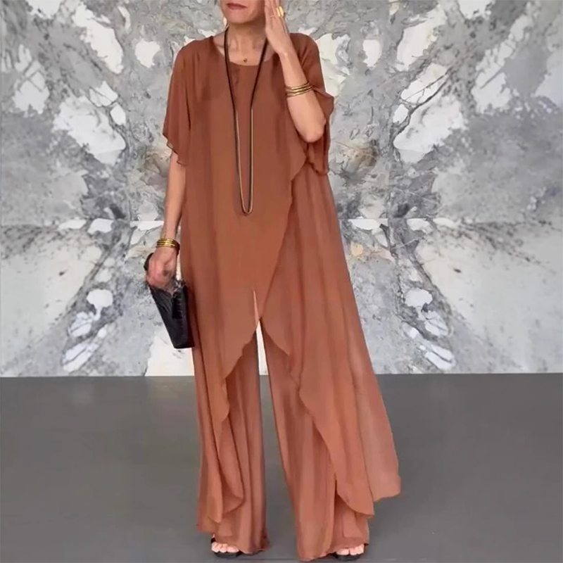 🛍️✨ Ženski komplet, ki ga sestavljata bluza nepravilnega kroja in lahke hlače-SI