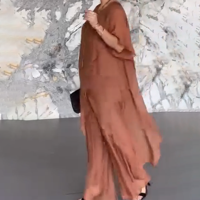 🛍️✨ Ženski komplet, ki ga sestavljata bluza nepravilnega kroja in lahke hlače-SI
