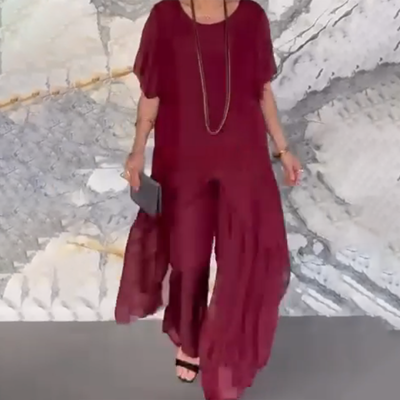 🛍️✨ Ženski komplet, ki ga sestavljata bluza nepravilnega kroja in lahke hlače-SI