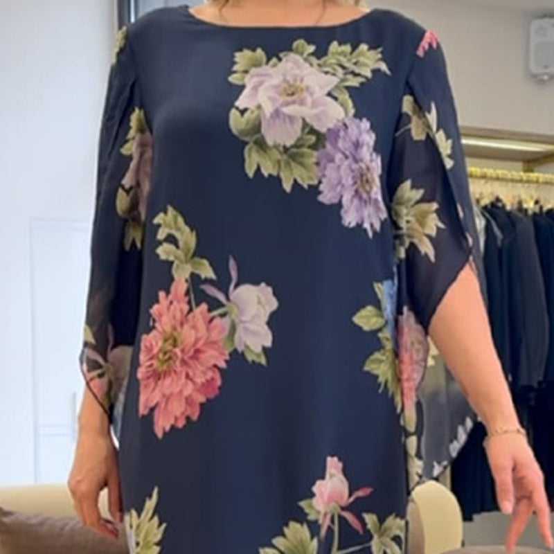 Elegante vestido largo de mujer con estampado en el cuello.-ES