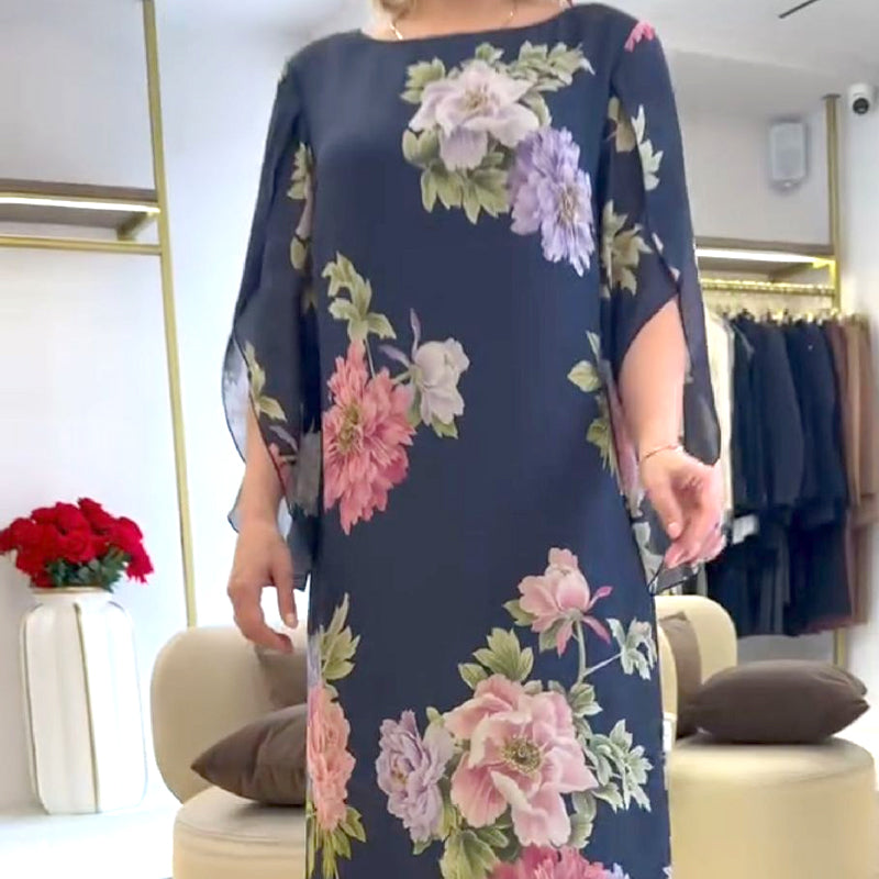 Elegante vestido largo de mujer con estampado en el cuello.-ES