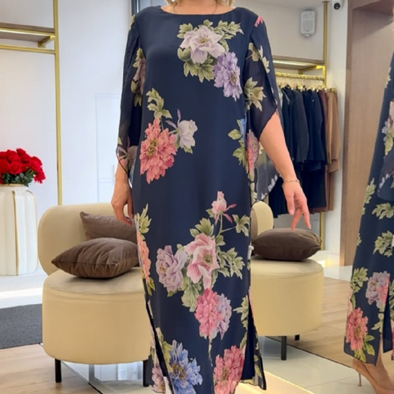 Elegante vestido largo de mujer con estampado en el cuello.-ES