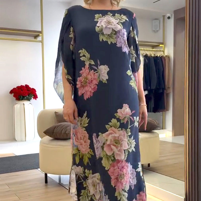 Elegante vestido largo de mujer con estampado en el cuello.-ES