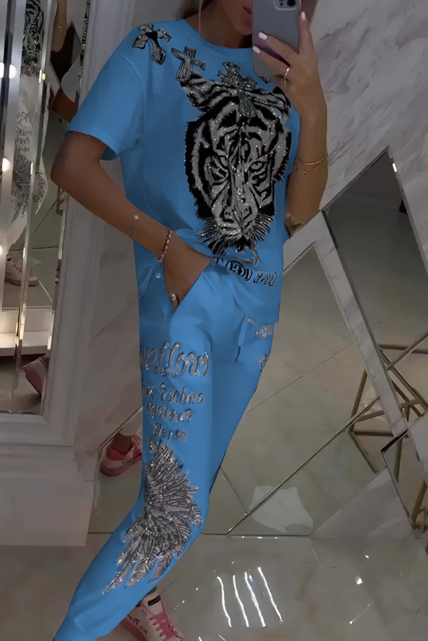 Conjunto de dos piezas para mujer, top y pantalón con estampado de rombos moderno.-ES