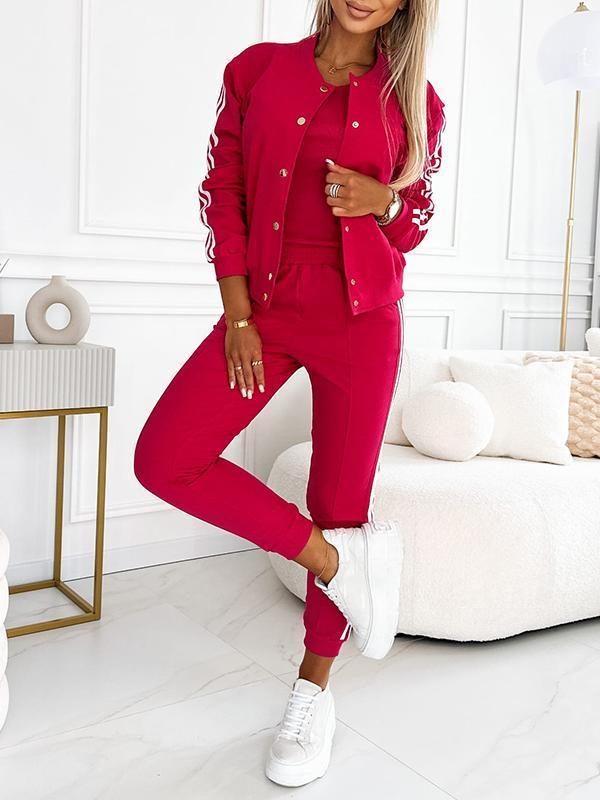Conjunto de tres piezas de chaqueta y pantalón de béisbol para mujer-ES