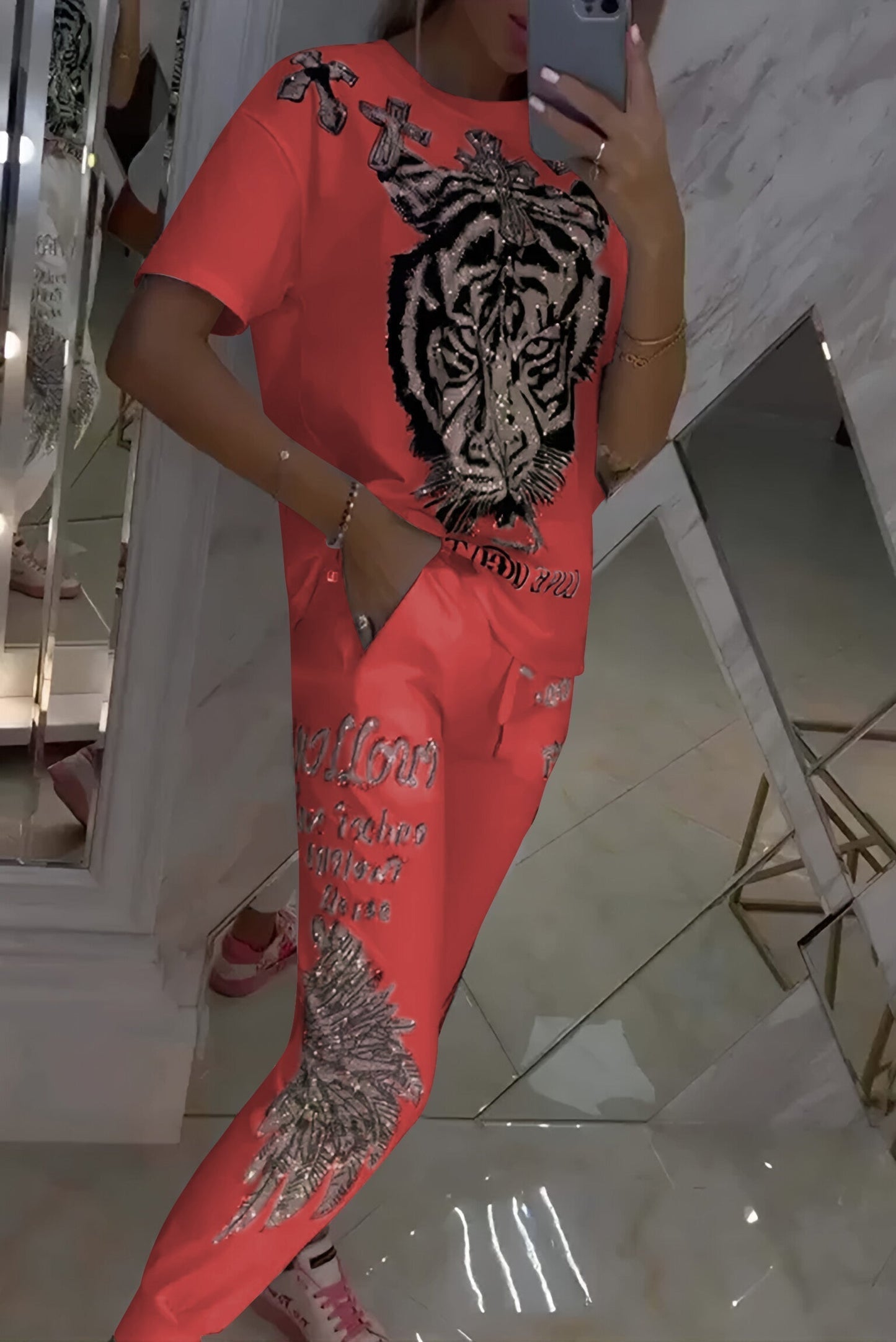 Conjunto de dos piezas para mujer, top y pantalón con estampado de rombos moderno.-ES