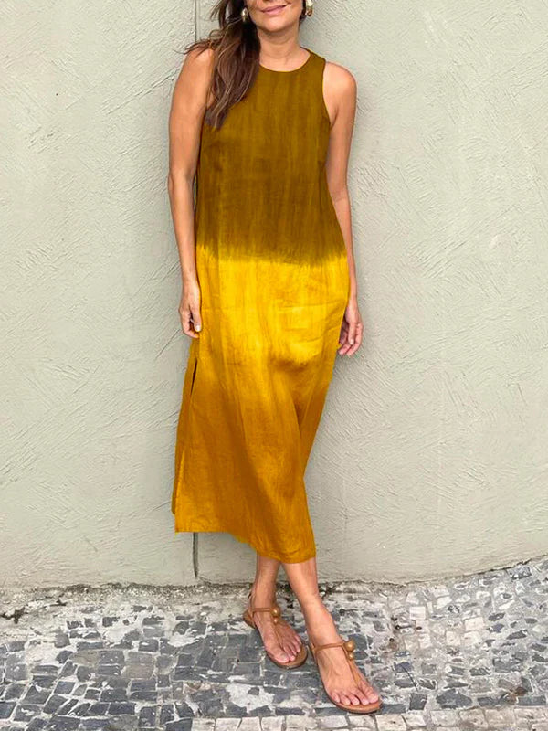 🌸Vestido de algodón y lino de manga larga con corte-ES