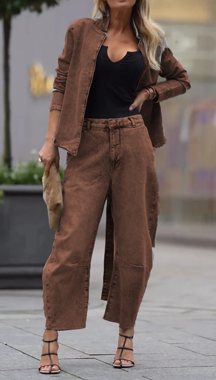 Conjunto casual de abrigo y pantalón de cuello redondo para mujer-ES