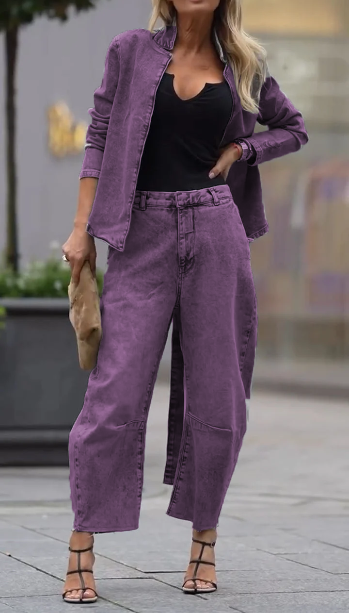 Conjunto casual de abrigo y pantalón de cuello redondo para mujer-ES
