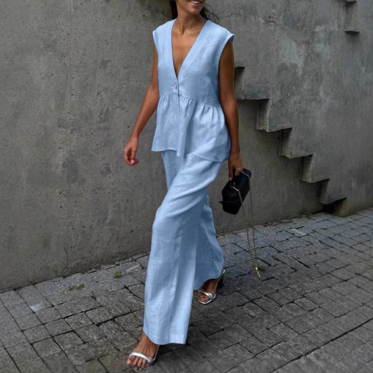 Conjunto de dos piezas para mujer en algodón liso, escote en pico, sin mangas, blusa y pantalón.-ES